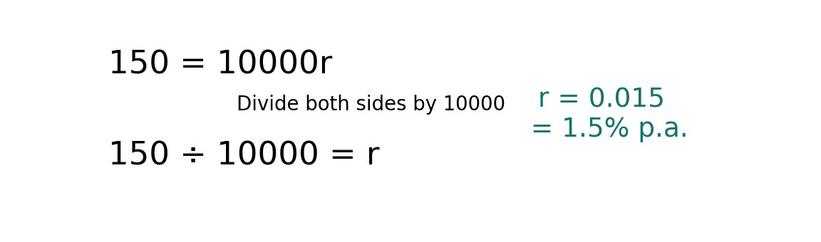 Inverse-operation example: 150 = 10000r, divide both sides by 10000, so r = 0.015 = 1.5% p.a.
